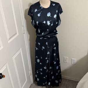 Vince navy blue Satin Dress with Pale Blue Floral Print